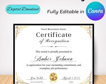 Editable Certificate of Recognition, Printable Awards, Certificate Template, Recognition Template, Employee Recognition, Custom Awards