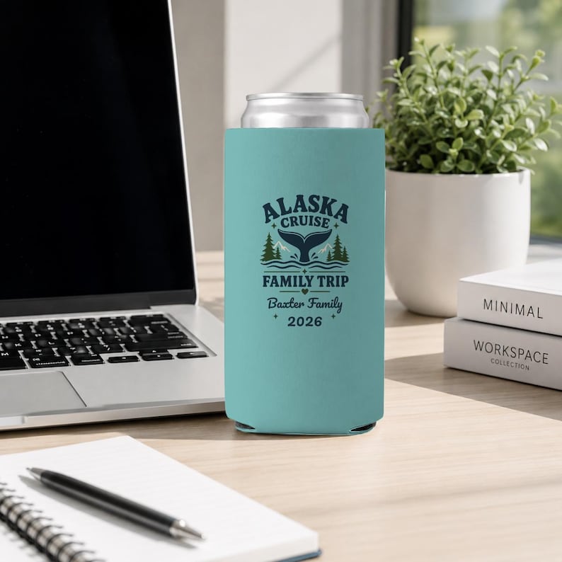 May include: A light blue foam can cooler featuring a dark blue graphic of a whale tail, pine trees, and the text ALASKA CRUISE FAMILY TRIP, Baxter Family, and 2026. The cylindrical beverage insulator is designed to hold a standard slim can.