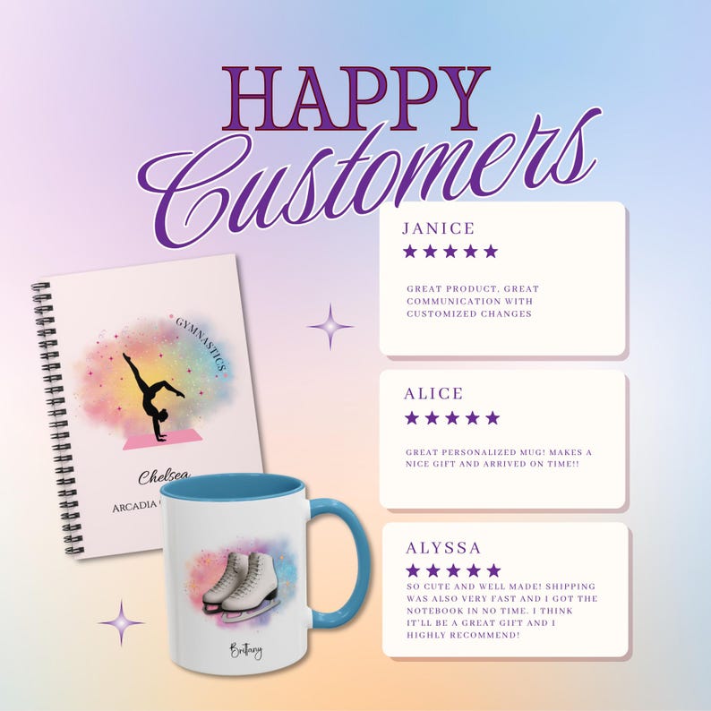 May include: A spiral-bound notebook featuring a gymnast silhouette on a colorful watercolor background with the text Chelsea and Arcadia, alongside a white mug with a blue handle and ice skate graphic, plus three customer reviews with five stars.