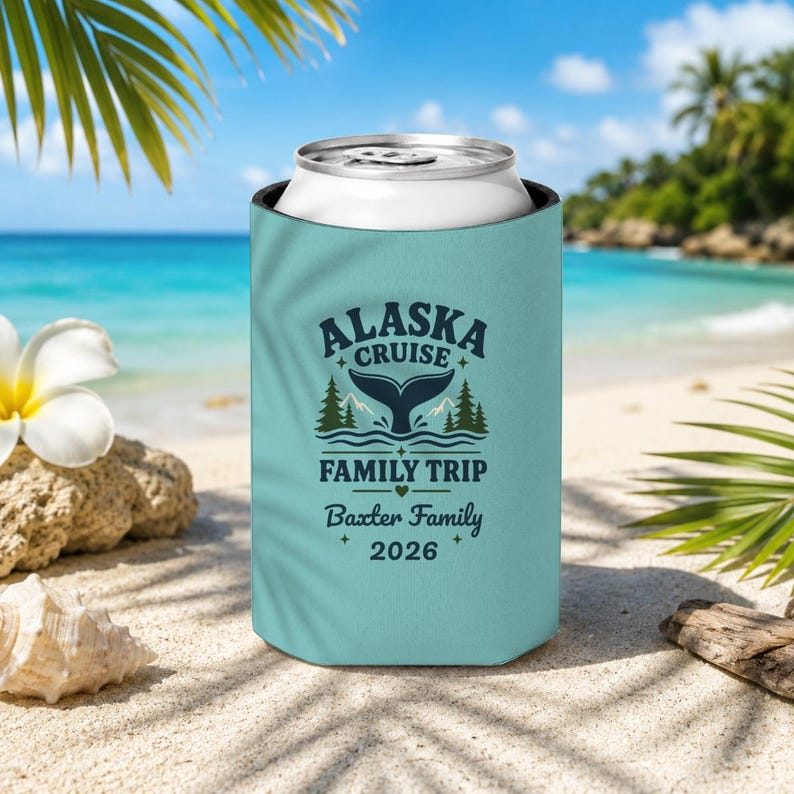 May include: A light blue foam can cooler featuring a dark blue graphic of a whale tail, pine trees, and mountains. The text reads ALASKA CRUISE FAMILY TRIP, Baxter Family, and 2026. The cooler is cylindrical and holds a standard metal beverage can.