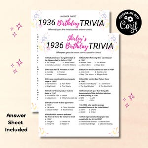 Puede incluir: Dos hojas de respuestas de juegos de trivia con el texto "1936 Birthday Trivia" y "Shirley's 1936 Birthday Trivia". Las hojas tienen preguntas sobre eventos de 1936, con un diseño decorativo y las palabras "Answer Sheet Included".
