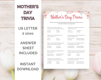 Trivia-spel voor Moederdag, afdrukbare Moederdag-spellen, Moederdag-spellen voor senioren, trivia-spel voor volwassenen, Trivia-vragen voor Moederdag