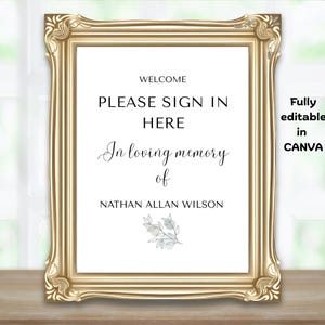 May include: A framed sign with gold trim. The sign reads "WELCOME PLEASE SIGN IN HERE In loving memory of NATHAN ALLAN WILSON." The sign also says "Fully editable in CANVA."