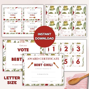 Chili CookOff Competition Printable Bundle, Chili Cook Off Ballot, Chili Score Card, Chili Cookoff Winner Certificate, Chili Voting Cards