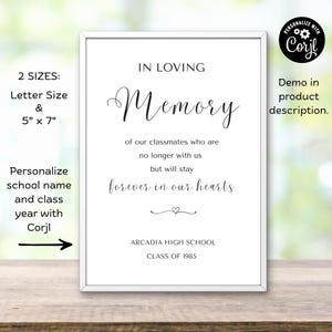 Editable Class Reunion Memorial Sign, Memory Table Sign, In Loving Memory Sign, Reunion Memorial, Class Reunion Memory, Classmates Memorial