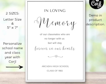 Editable Class Reunion Memorial Sign, Memory Table Sign, In Loving Memory Sign, Reunion Memorial, Class Reunion Memory, Classmates Memorial