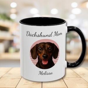 Custom Dachshund Mom Ceramic Mug: 11oz and 15oz, five interior colors; Dachshund Gift, Dachshund Christmas, Personalized Dog Mug