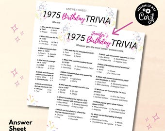 Editable 1975 Trivia Game, Adult Games, Year You Were Born, Birthday Trivia, Birthday Games For Her, 1975 Birthday, Family Games, Printable
