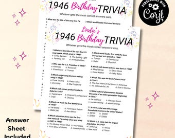 May include: Two trivia answer sheets for a 1946 birthday party game. The sheets are white with pink and yellow accents, and include questions about pop culture, politics, and more. The text "Answer Sheet Included" is at the bottom.