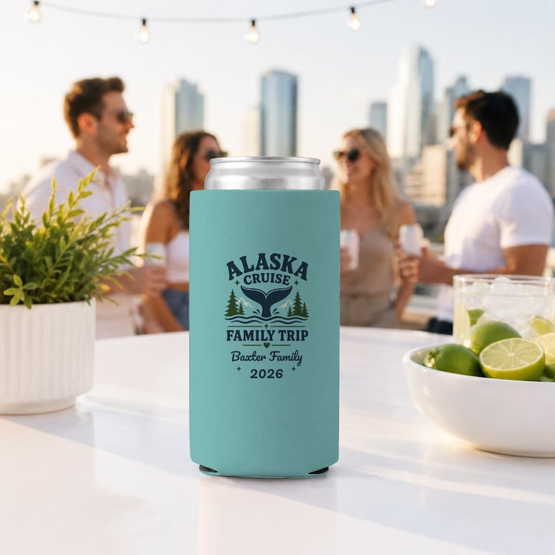 May include: A light blue foam can cooler featuring a dark blue graphic of a whale tail, pine trees, and the text ALASKA CRUISE FAMILY TRIP, Baxter Family, and 2026. The cylindrical sleeve is designed to hold a standard beverage can securely.