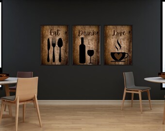 Rustykalna sztuka ścienna do kuchni „Jedz” | Widelec, nóż i łyżka do wydrukowania | Pobieranie cyfrowe WSZYSTKIE 5 rozmiarów | TYLKO JEDZENIE natychmiastowe pobranie | Dostępny pakiet