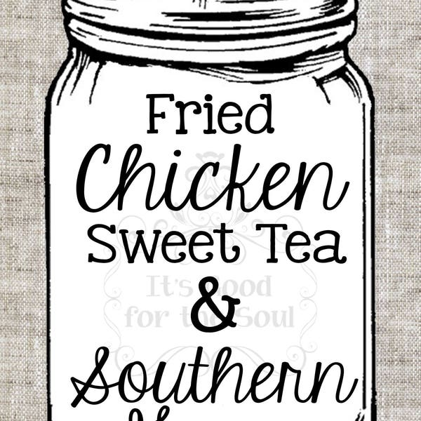 Instant Download: Southern Mason Jar digital clip-art image, Fried Chicken, Sweet Tea and Southern Grace