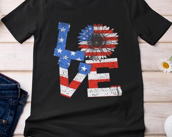4th of July Shirt, 4th of July Love Sunflower American Flag T-shirt, Fourth of July Celebration Women Men Vintage Shirt