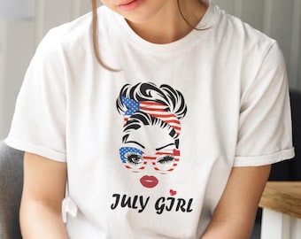 4th of July Girl Shirt, Messy Bun Sunglasses Girl with American Flag T-shirt, Independence Day Fourth of July Women Girls Shirt