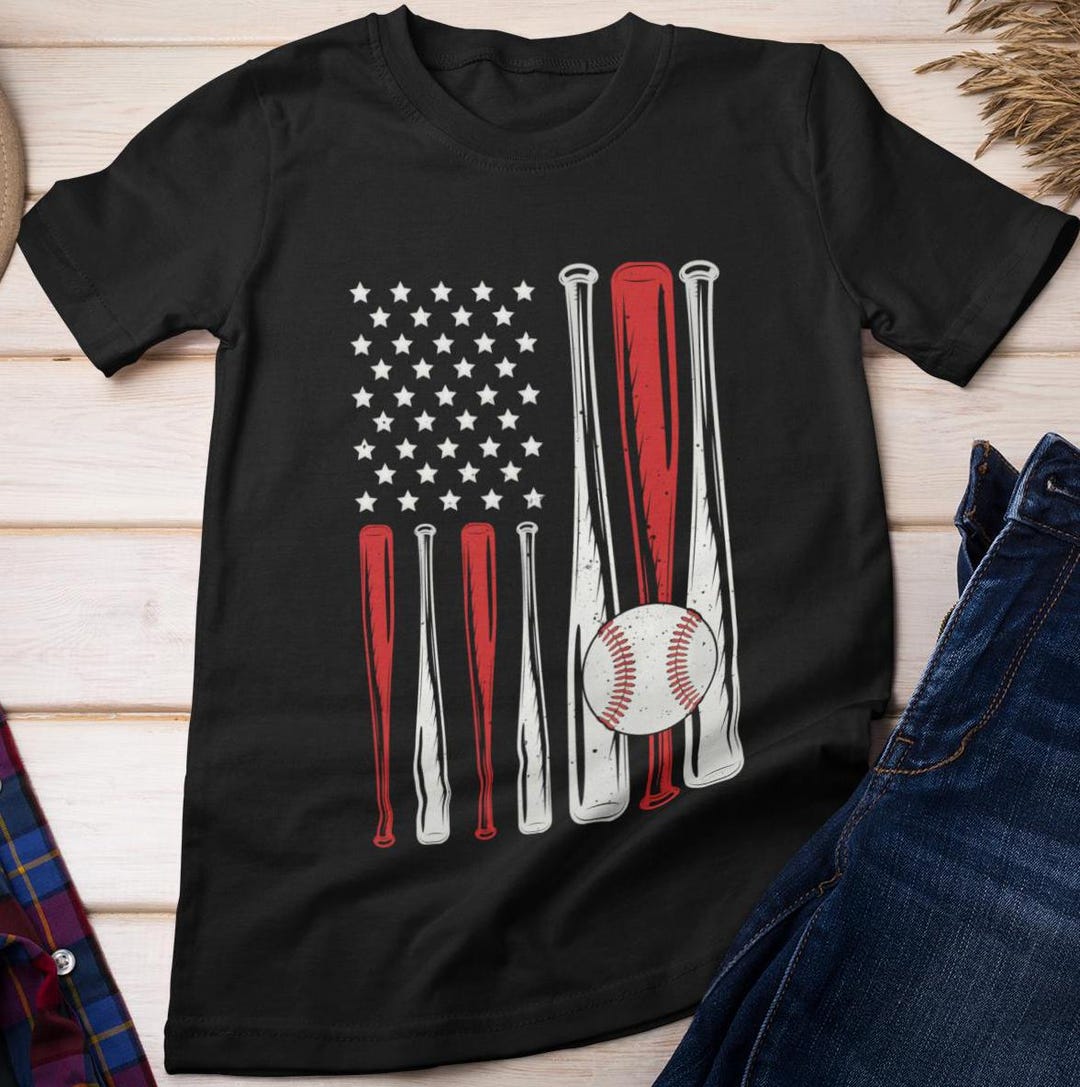 Baseball Shirt, Baseball American Flag T-shirt, Baseball Bats and Ball ...