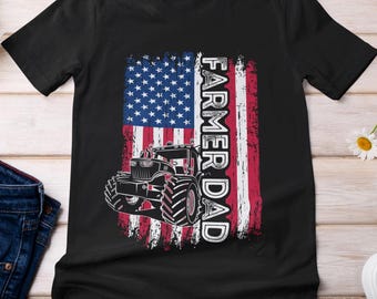 Camiseta de papá, camiseta de la bandera estadounidense de papá granjero, camiseta vintage del Día del Padre para amantes de la agricultura