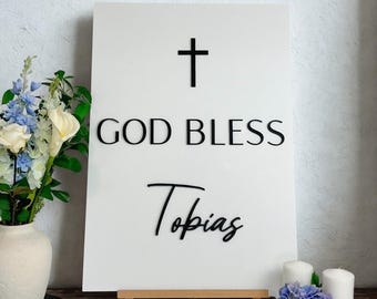 Personalised God Bless Name Lettering with Cross: 3D Printed Baptism Christening Decor