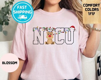 Camiseta navideña de enfermera de la UCIN con colores cómodos: camiseta de reno y Papá Noel