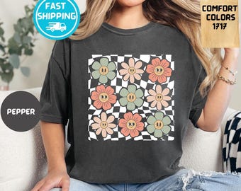 Comfort Colors Retro Checkered Flower Shirt: Boho Floral Graphic Tee