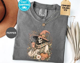 Comfort Colors® Stay Spooky Shirt, Halloween Skeleton Shirt, Witch Coffee Shirt, Autumn Pumpkin Graphic Shirt, Halloween Gift for Women