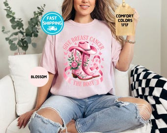 Camiseta Comfort Colors® para la concientización sobre el cáncer de mama, camiseta con botas vaqueras, camiseta con lazo rosa, ropa vaquera