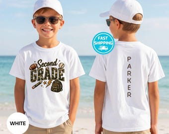 Personalized Camo 2nd Grade Sports Shirt, Custom Name Back to School Tee, Football Baseball Kids Shirt, First Day of 2nd Grade Gift