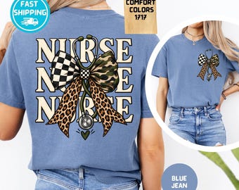 Comfort Colors Camo Nurse Shirt, Stethoscope Bow Medical Tee, Leopard Nurse T-Shirt