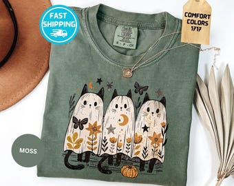 Comfort Colors® Ghost Cat Halloween  Shirt, Cat Fall Tshirt, Boho Cat Tee, Black Cat Lover Gift, Halloween Cat Shirt