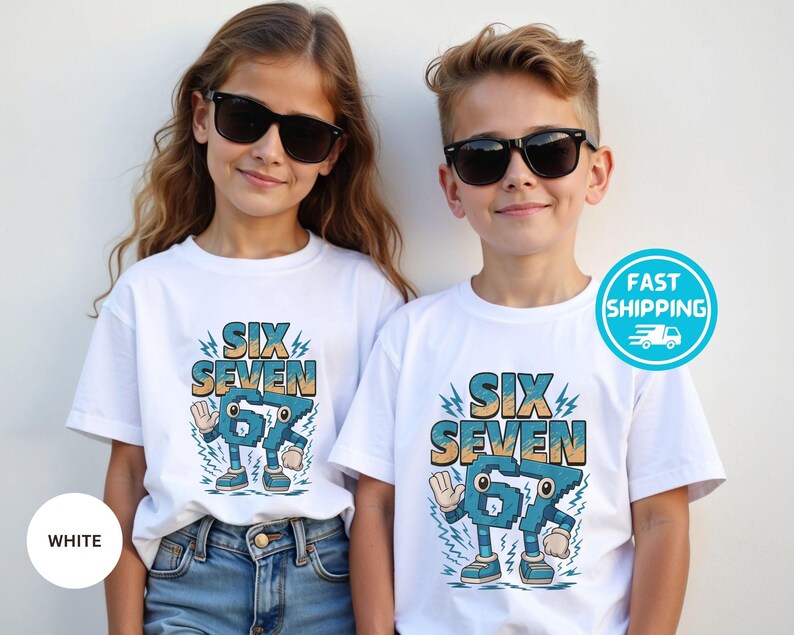 May include: Two children wearing white t-shirts with the text "SIX SEVEN" in a retro font. The graphic features animated numbers with arms and legs. Both children are wearing black sunglasses and blue jeans.