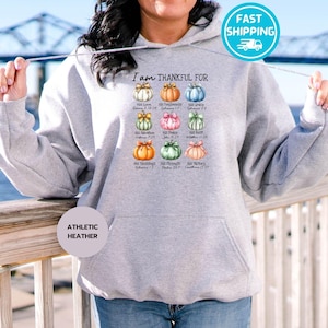 May include: Athletic heather gray hoodie with a graphic of colorful pumpkins and the text "I am THANKFUL FOR." The pumpkins are arranged in a grid, each with a different color and a corresponding word.