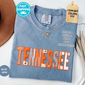 Comfort Colors Tennessee Faux Patchwork T-shirt, Orange Tasstryckt School Spirit T-shirt, Southern T-shirt, Inte broderad