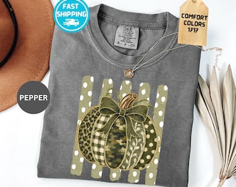Comfort Colors® Striped Preppy Camo Pumpkin T-Shirt, Coquette Autumn Tee, Cozy Season Fall Shirt