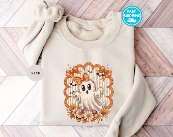 Fall Floral Ghost Sweatshirt Flower Halloween Sweater Retro Hoodie