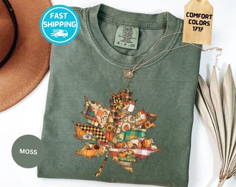 Comfort Colors® Preppy Floral Fall Maple Leaf T Shirt, Autumn Pumpkin Shirt, Thanksgiving T-Shirt