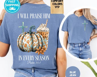 Christelijk herfst-T-shirt Comfort Colors: shirt met pompoenkruid en bijbeltekst