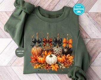 Fall  Halloween Candy Apple Pumpkin Bow Sweatshirt, Trendy Autumn Apple Sweater