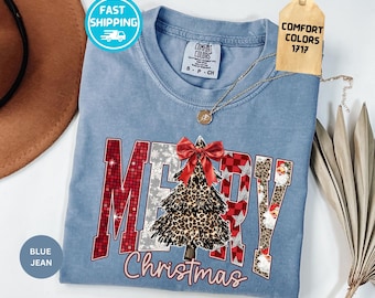 Comfort Colors® Leopard Merry Christmas T-Shirt, Preppy Christmas Tree Tee, Christmas Gift