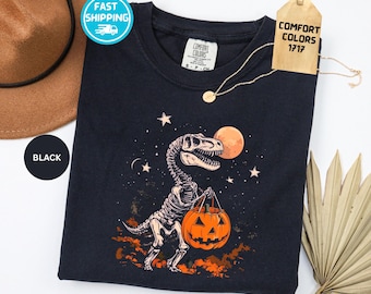 Comfort Colors T-Rex Skeleton Shirt, Funny Dinosaur Pumpkin Tee, Halloween Party Shirt, Spooky Halloween Gift, Halloween Party Shirt
