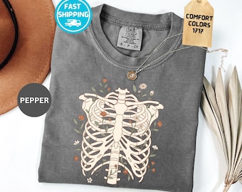 Comfort Colors Floral Ribcage Shirt, Retro Halloween Tee, Halloween Skeleton Graphic, Spooky Season T-Shirt