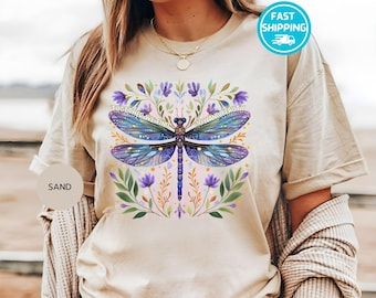 Dragonfly Floral T-Shirt: Cottagecore Botanical Garden Lover Gift