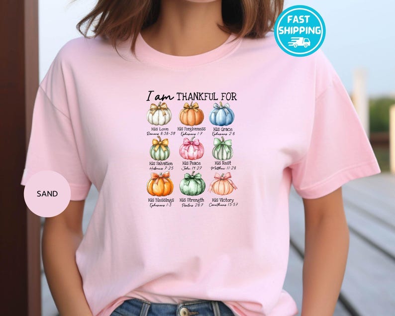 May include: Light pink t-shirt with the text "I am THANKFUL FOR" above nine colorful pumpkin illustrations. Each pumpkin has a different color and is labeled with a word and a Bible verse.