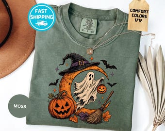 Comfort Colors® Halloween Ghost Shirt, Vintage Witch Moon T-Shirt, Cute Spooky Ghost Pumpkin Tee, Halloween Graphic Tee