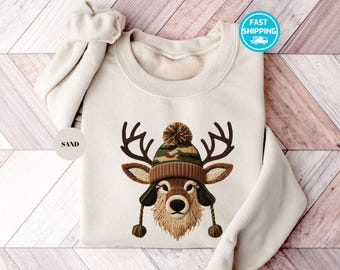 Faux Yarn Camo Deer Sweatshirt, Deer Hunting Hoodie, Outdoors Sweater, Not Embroidery