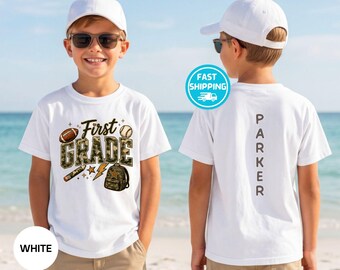 Personalized 1st Grade Camo Sports Shirt, Custom Football Baseball First Day of School Shirt, Boys Back to School Tee with Name