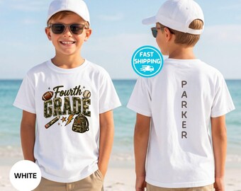 Personalized 4th Grade Camo Sports Shirt, Football Baseball Back to School Shirt, Custom Name Boys First Day of 4th Grade Tee