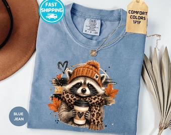 Comfort Colors® Fall Raccoon Shirt, Cozy Raccoon Tee, Pumpkin Spice Coffee Shirt, Cute Autumn Raccoon T-Shirt, Fall Coffee Lover Gift