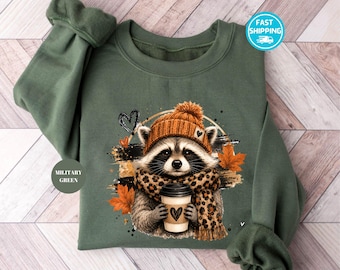 Fall Raccoon Sweatshirt, Funny Raccoon Coffee Sweater, Cozy Autumn Hoodie, Woodland Animal Crewneck, Thanksgiving Gift for Women