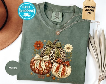 Comfort Colors® Coquette Pumpkin Shirt, Floral Pumpkin Tee, Fall Pumpkin T-Shirt,Thanksgiving Shirt, Bow Pumpkin Tee