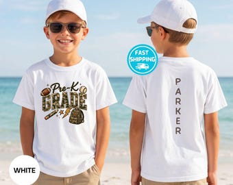Camo Pre-K Grade Shirt for Boys, Personalized Back to School T-Shirt, First Day of Preschool Tee, Camo Football Baseball School Shirt