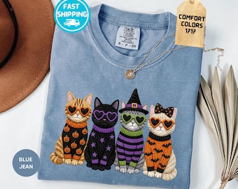 Comfort Colors® Halloween Cat T-Shirt, Spooky Black Cat Tee, Pumpkin Cat Graphic Tee, Fall Cat Lover Shirt